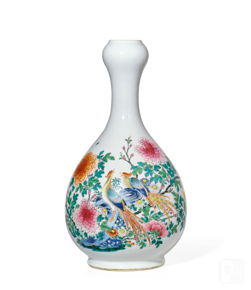 清雍正 粉彩花鸟纹蒜头瓶